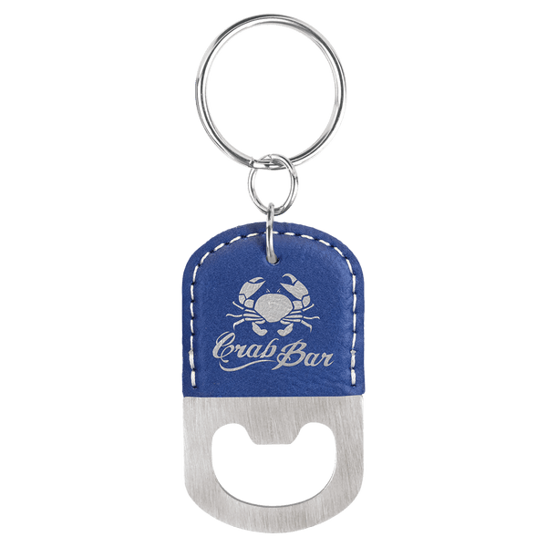 Blue/Silver Oval Laserable Leatherette Bottle Opener Keychain