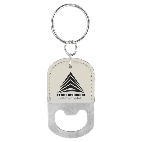 White Oval Laserable Leatherette Bottle Opener Keychain