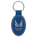Blue/Silver 3" x 1 3/4" Laserable Leatherette Oval Keychain