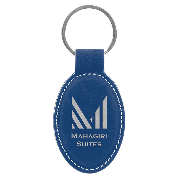 Blue/Silver 3" x 1 3/4" Laserable Leatherette Oval Keychain