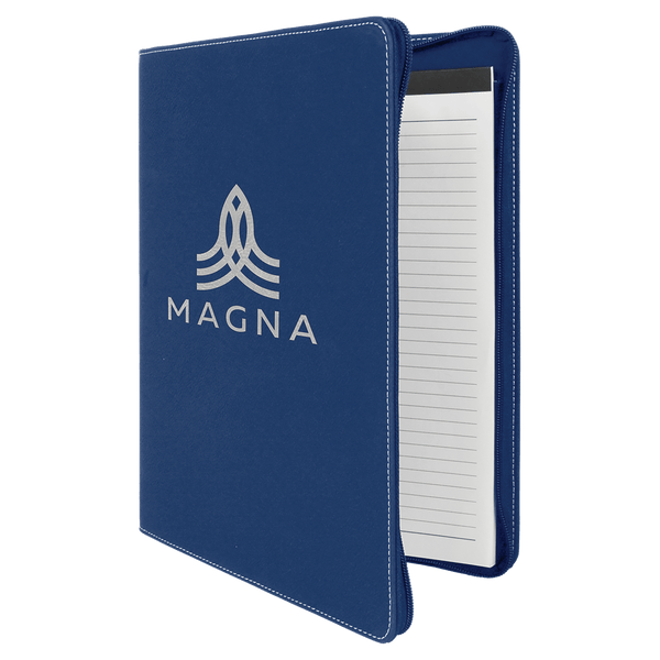 Blue/Silver 9 1/2" x 12" Light Brown w/ Zipper Laserable Leatherette Portfolio with Notepad