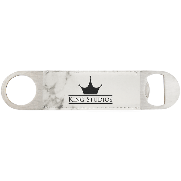 White Marble 1 1/2" x 7" Laserable Leatherette Bottle Opener