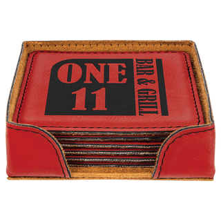 4" x 4" Red Square Laserable Leatherette 6-Coaster Set with Holder