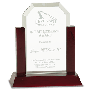 7" Gateway Jade Clip Corner Glass Award with Rosewood Finish Base