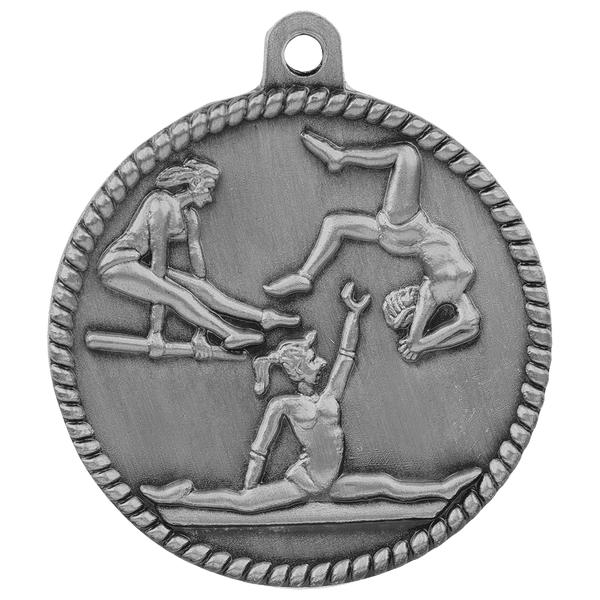 Antique Silver 2" Female Gymnastics High Relief Medal