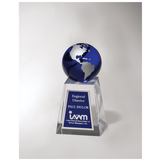 2 5/8" x 5 1/4" Crystal Trophy with Blue Globe and Blue/Silver Plate