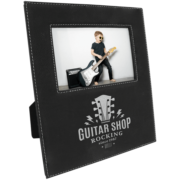 Black/Silver 4" x 6" Leatherette Photo Frame with 4 1/4" x 7 7/8" Engraving Area