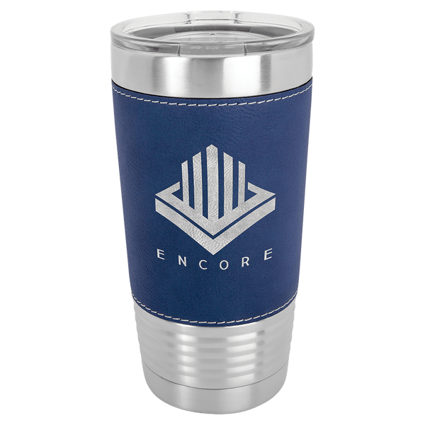 Blue/Silver Polar Camel 20 oz. Laserable Leatherette Tumbler with Clear Lid