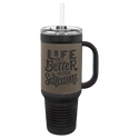 Black Gray Polar Camel 40 oz. Laserable Leatherette Travel Mug with a Handle & Straw