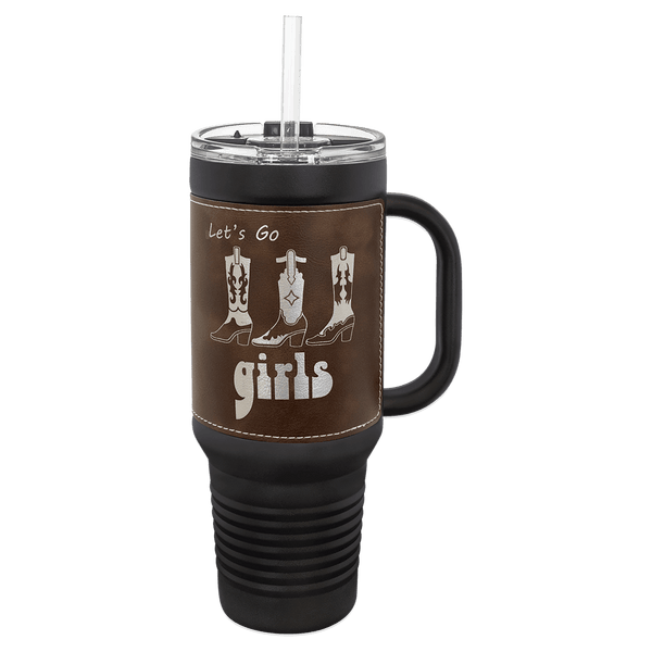 Black with Rustic/Silver Polar Camel 40 oz. Black Leatherette Travel Mug with Handle & Straw