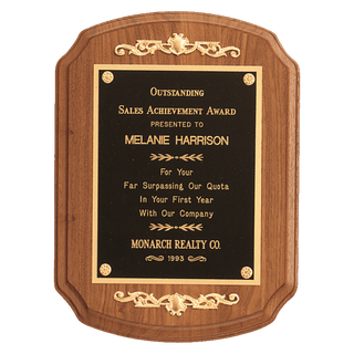 9" x 12" American Walnut Rounded, Scalloped Corner Plaque with Decorative Gold Scrolls and a Gold Border Black Laser Engravable Plate