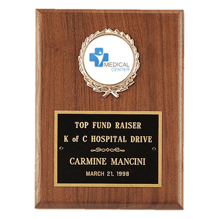 4 1/2" x 6" American Walnut Plaque with Gold Border Black Laserable Brass Plate and 2" Insert Holder- Witney Series (2" Inserts Sold Seperately)