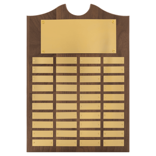 Walnut 40 Plate Perpetual Plaque with Brushed Brass 14" x 20"/Plates 7/8" x 2 3/4" American Plates