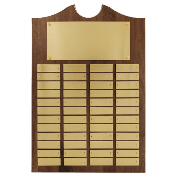 Walnut 48 Plate Perpetual Plaque with Brushed Brass 14" x 20"/Plates 7/8" x 2 3/4" American Plates
