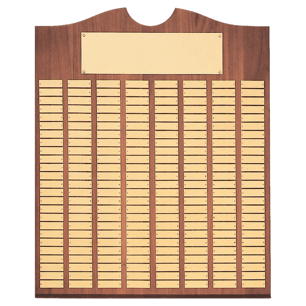 Walnut 96 Plate Perpetual Plaque with Brushed Brass 20" x 30"/Plates 7/8" x 2 3/4" American Plates