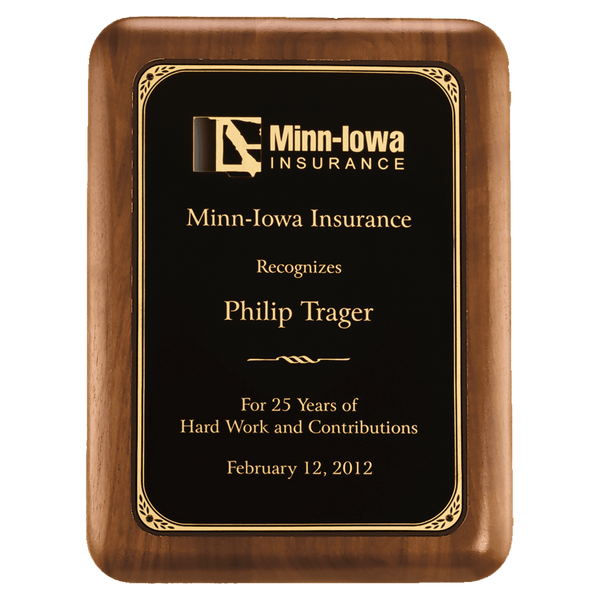 Walnut Plaque with Gold Border Laserable Black Brass 10 1/2" x 13" American Plate