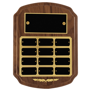 9" x 12"/Plates 1" x 2" American Walnut 12 Plate Perpetual Plaque with Black Brass Plates/Gold Trim