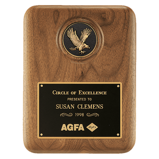 Solid American Walnut Plaque with Finely Detailed Black and Gold Metal Eagle Medallion and Black LaserFX Plate