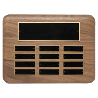 9" x 12"/Plates 7/8" x 2 3/4" American Walnut 12 Plate Perpetual Plaque with Black Brass Plated Steel Plates