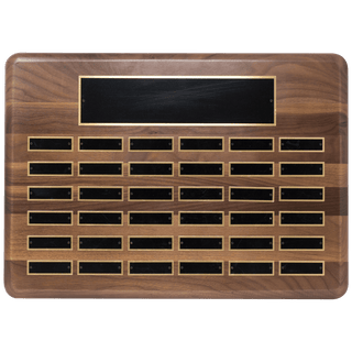 Walnut 36 Plate Perpetual Plaque with Black Brass 15" x 21"/Plates 7/8" x 2 3/4" American Plated Steel Plates