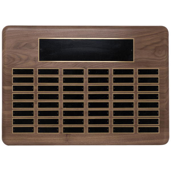 Walnut 48 Plate Perpetual Plaque with Black Brass 15" x 21"/Plates 7/8" x 2 3/4" American Plated Steel Plates