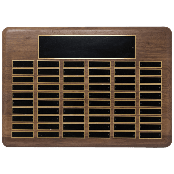 Walnut 60 Plate Perpetual Plaque with Black Brass 15" x 21"/Plates 7/8" x 2 3/4" American Plated Steel Plates