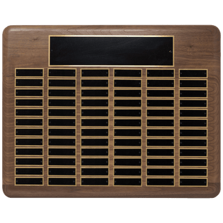 Walnut 80 Plate Perpetual Plaque with Black Brass 22" x 30"/Plates 7/8" x 2 3/4" American Plated Steel Plates