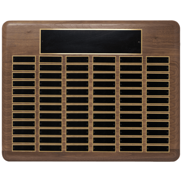 Walnut 80 Plate Perpetual Plaque with Black Brass 22" x 30"/Plates 7/8" x 2 3/4" American Plated Steel Plates