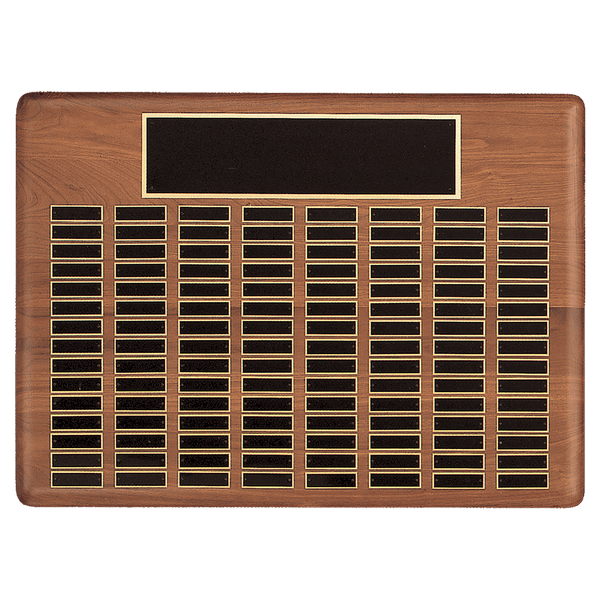 Walnut 144 Plate Perpetual Plaque with Black Brass 22" x 30"/Plates 7/8" x 2 3/4" American Plated Steel Plates