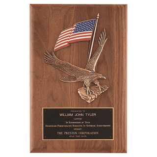 8" x 10 1/2" Solid American Walnut Plaque with Finely Detailed Eagle with American Flag Relief and Black Laserable Brass Plate
