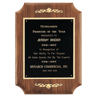 9" x 12" American Walnut Scalloped Corner Plaque with  Gold Scrolls and Go ld Border Black Laser Engravable Plate