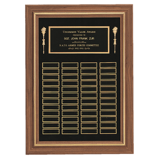 Walnut 48 Plate Perpetual Plaque with Black Brass 18" x 25"/Plates 7/8" x 2 3/4" American Plates