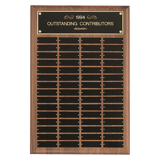 Walnut 60 Plate Perpetual Plaque with Black Brass 16" x 24"/Plates 1" x 3 1/4" American Plates