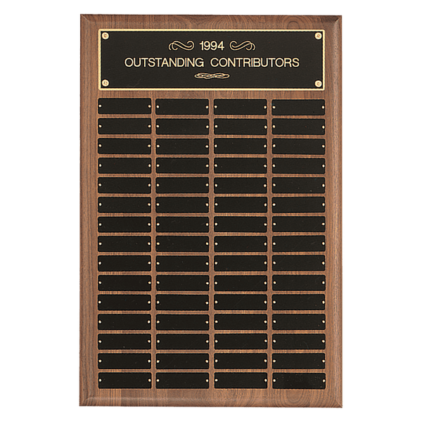 Walnut 60 Plate Perpetual Plaque with Black Brass 16" x 24"/Plates 1" x 3 1/4" American Plates