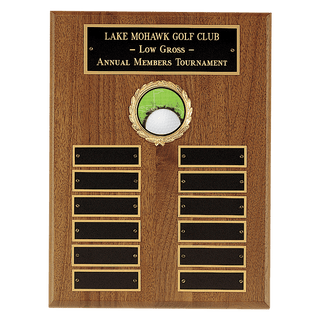 9" x 12" American Walnut Perpetual Plaque with 12 Gold Border Black Laserable Brass Plates and 2" Insert Holder- Witney Series