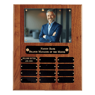 10 1/2" x 13" American Walnut 12 Plate Photo Plaque w/Black Brass Plates-Holds 5" x 7" Photo