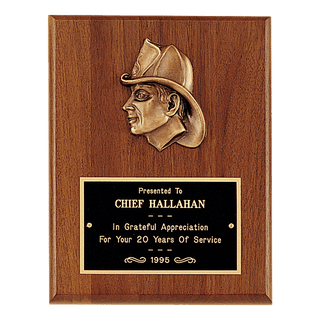 Walnut Plaque with Firefighter Relief and Black Brass 7" x 9" American Plate