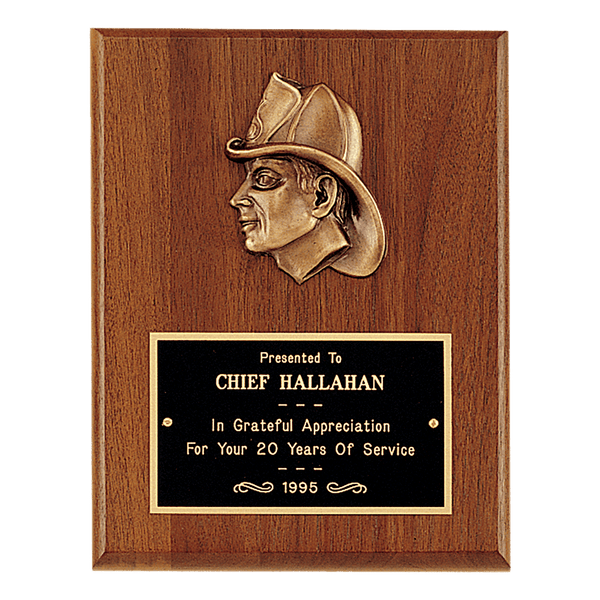 Walnut Plaque with Firefighter Relief and Black Brass 7" x 9" American Plate