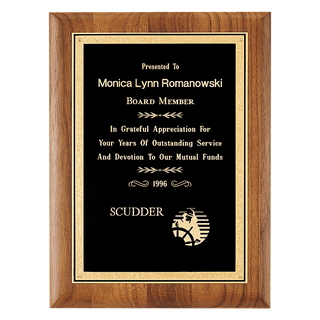 7" x 9" Coventry Series American Walnut Plaque with Gold Florentine Border Textured Black LaserFX Plate