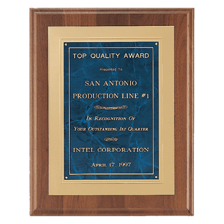 12" x 15" American Walnut Step Edge Plaque with Sapphire Marble Gold Framed LaserFX Plate