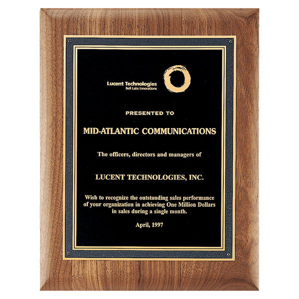 Walnut Plaque with Black/Gold Florentine Border Textured Black 2 8" x 10 1/2" American LaserFX Plate