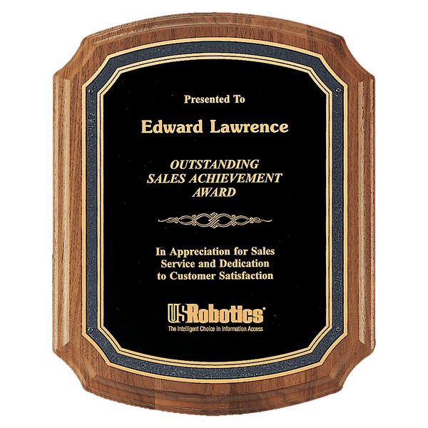 Walnut Plaque with Black/Gold Florentine Border Textured Black 9" x 12" American Plate