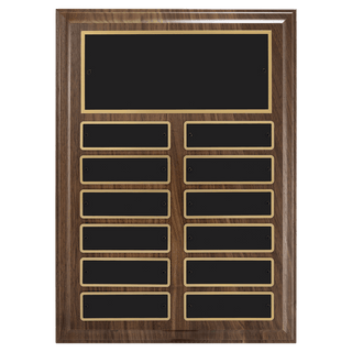 9" x 12"/Plates 1" x 3 1/4" Walnut Step-Edge 12 Plate Perpetual Plaque with Black Brass Plate