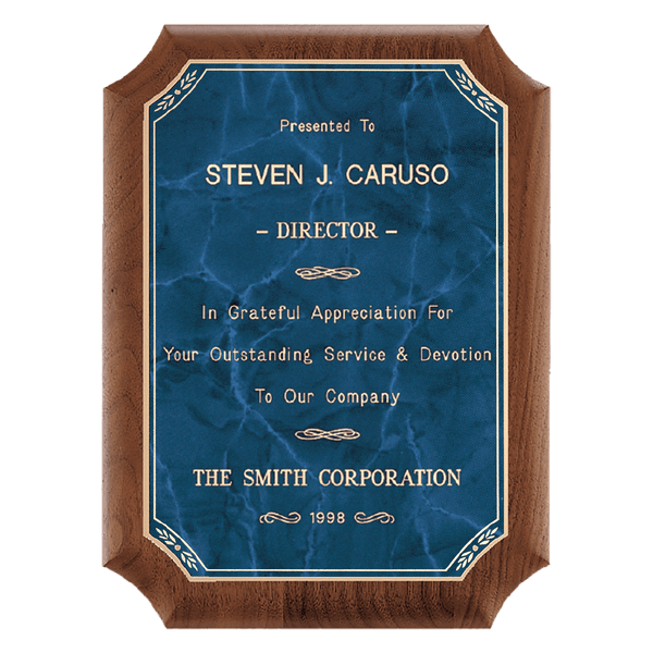 Walnut Plaque with Gold 2 8" x 10 1/2" American Border Sapphire Marble LaserFX Plate