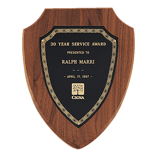 Black Laserable Gold Border Shield Plate on an American Walnut 2 8 1/2" x 10 1/2" Jewelers Shield Plaque- Sheffield Series