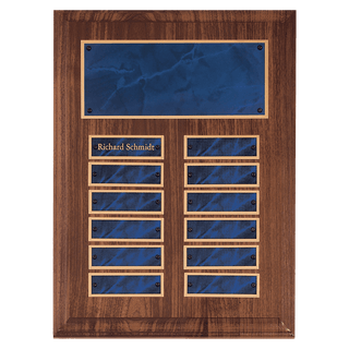 9" x 12" American Walnut 12 Plate Perpetual Plaque with Sapphire Marble Brass Plates