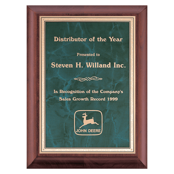 Cherry Finish Plaque with Emerald Marble Gold 9" x 12" Hand Rubbed Border LaserFX Plate