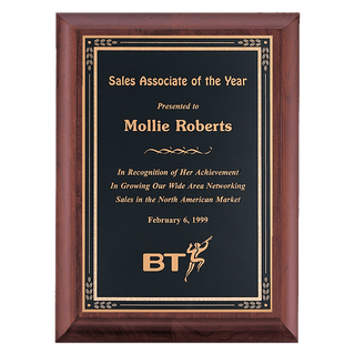 Cherry Finish Plaque with Black Gold 7" x 9" Hand Rubbed Florentine Border LaserFX Plate