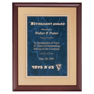 Cherry Finish Plaque with a Sapphire Gold Border Florentine LaserFX Plate on an Gold 11" x 14" Hand Rubbed Embossed Back Plate