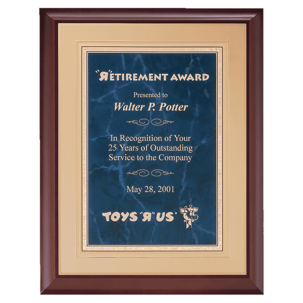 Cherry Finish Plaque with a Sapphire Gold Border Florentine LaserFX Plate on an Gold 11" x 14" Hand Rubbed Embossed Back Plate